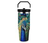 RLDOBOFE 30 Oz Blue Peacock Tumbler with Top Handle Vacuum Insulated Tumblers with Flip Straw Fits Cup Holders Double Wall Travel Coffee Mug Leakproof Water Bottle Cars Cup