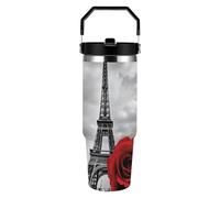 RLDOBOFE 30 Oz Eiffel Tower Red Rose Tumbler with Top Handle Vacuum Insulated Tumblers with Flip Straw Fits Cup Holders Double Wall Travel Coffee Mug Leakproof Water Bottle Cars Cup