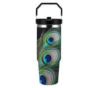 RLDOBOFE 30 Oz Green Peacock Feather Tumbler with Top Handle Vacuum Insulated Tumblers with Flip Straw Fits Cup Holders Double Wall Travel Coffee Mug Leakproof Water Bottle Cars Cup