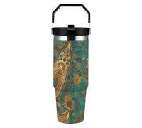 RLDOBOFE 30 Oz Stainless Steel Car Cup, Large Capacity Insulated Yellow Paisley Pattern Tumbler with Handle, Leakproof Water Bottle with Straw, Double Wall Vacuum Tea Mug for Travel