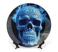 RLDOBOFE 3D Print Blue Skull Decorative Plate Ceramic Display Plate with Stand Salad Plates Colorful Porcelain Dinner Dishes Dessert Appetizer Dishes for Kitchen Party Table Decor 8inch