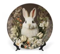 RLDOBOFE A Beautiful White Rabbit Decorative Plate Ceramic Display Plate with Stand Salad Plates Colorful Porcelain Dinner Dishes Dessert Appetizer Dishes for Kitchen Party Table Decor 10inch