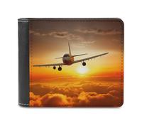RLDOBOFE Aircraft Plane at Sunset Wallet Passcase for Men, Extra Capacity Bifold Leather Wallets with ID Windows, Slim Stylish Wallet for Gift, Blocking Money Clip for Cards, Coin Pouch