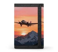 RLDOBOFE Airplane at Sunset Trifold Wallet Minimalist Mens Wallet with Key Hook 8 Card Slots Modern Stylish Polyester Security Wallets Fashion Slim Credit Card Holder Id Window