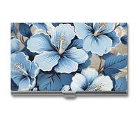 RLDOBOFE Aluminum Blue Hibiscus Flower Business Card Holder Flip Cover Slim Pocket Name Cards Case Portable Credit Name Card Holders Purse Wallet Accessory for Men And Women