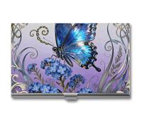 RLDOBOFE Aluminum Blue Morpho Myosotis Business Card Holder Flip Cover Slim Pocket Name Cards Case Portable Credit Name Card Holders Purse Wallet Accessory for Men And Women