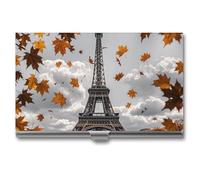 RLDOBOFE Aluminum Eiffel Tower with Autumn Leaves Business Card Holder Flip Cover Slim Pocket Name Cards Case Portable Credit Name Card Holders Purse Wallet Accessory for Men And Women