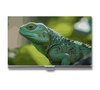 RLDOBOFE Aluminum Green Lizard Business Card Holder Flip Cover Slim Pocket Name Cards Case Portable Credit Name Card Holders Purse Wallet Accessory for Men And Women