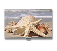RLDOBOFE Aluminum Large Seashell Starfish Business Card Holder Flip Cover Slim Pocket Name Cards Case Portable Credit Name Card Holders Purse Wallet Accessory for Men And Women