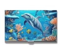 RLDOBOFE Aluminum Seabed Coral Fish Dolphins Business Card Holder Flip Cover Slim Pocket Name Cards Case Portable Credit Name Card Holders Purse Wallet Accessory for Men And Women