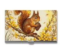 RLDOBOFE Aluminum Squirrel Forsythia Branch Business Card Holder Flip Cover Slim Pocket Name Cards Case Portable Credit Name Card Holders Purse Wallet Accessory for Men And Women
