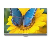 RLDOBOFE Aluminum Sunflower Blue Butterfly Business Card Holder Flip Cover Slim Pocket Name Cards Case Portable Credit Name Card Holders Purse Wallet Accessory for Men And Women