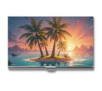 RLDOBOFE Aluminum Sunrise Tropical Palm Tree Island Business Card Holder Flip Cover Slim Pocket Name Cards Case Portable Credit Name Card Holders Purse Wallet Accessory for Men And Women