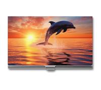 RLDOBOFE Aluminum Sunset Dolphin Business Card Holder Flip Cover Slim Pocket Name Cards Case Portable Credit Name Card Holders Purse Wallet Accessory for Men And Women