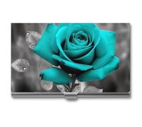 RLDOBOFE Aluminum Teal Grey Rose Business Card Holder Flip Cover Slim Pocket Name Cards Case Portable Credit Name Card Holders Purse Wallet Accessory for Men And Women