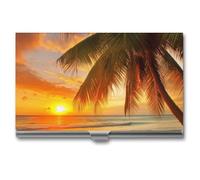 RLDOBOFE Aluminum Tropical Beach Palm Tree Sunset Business Card Holder Flip Cover Slim Pocket Name Cards Case Portable Credit Name Card Holders Purse Wallet Accessory for Men And Women