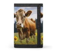 RLDOBOFE Animal Brown Cow Trifold Wallet Minimalist Mens Wallet with Key Hook 8 Card Slots Modern Stylish Polyester Security Wallets Fashion Slim Credit Card Holder Id Window