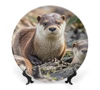 RLDOBOFE Animal Cute Brown Otters Decorative Plate Ceramic Display Plate with Stand Salad Plates Colorful Porcelain Dinner Dishes Dessert Appetizer Dishes for Kitchen Party Table Decor 7inch