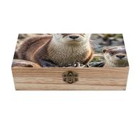 RLDOBOFE Animal Cute Brown Otters Wooden Keepsake Box with Lids Wood Storage Box with A Hinged Lid Decorative Boxes Table Large Rectangular Organizer Container for Jewelry Photos Craft