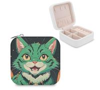 RLDOBOFE Anime Green Cat Jewelry Organizer Case for Women, Portable PU Leather Earrings Storage Holder, Waterproof Rings Storage Box with Zipper, Large Capacity Necklace Box Organizer