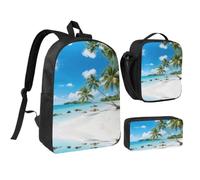RLDOBOFE Beach and Coconut Trees Backpack Set 3 PCS - 17 Inch Laptop Backpack with Lunch Bag, Waterproof Daypack Insulated Lunch Box Large Capacity Coin Pouch Personalized Gift