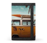 RLDOBOFE Beach with A Car Trifold Wallet Minimalist Mens Wallet with Key Hook 8 Card Slots Modern Stylish Polyester Security Wallets Fashion Slim Credit Card Holder Id Window