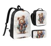 RLDOBOFE Bear with Scarf Backpack Set 3 PCS - 17 Inch Laptop Backpack with Lunch Bag, Waterproof Daypack Insulated Lunch Box Large Capacity Coin Pouch Personalized Gift