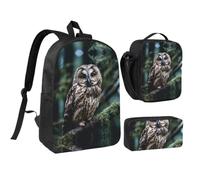 RLDOBOFE Beautiful Owl Backpack Set 3 PCS - 17 Inch Laptop Backpack with Lunch Bag, Waterproof Daypack Insulated Lunch Box Large Capacity Coin Pouch Personalized Gift
