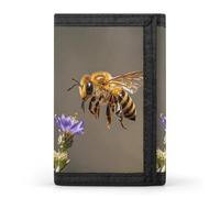 RLDOBOFE Bee Flying Trifold Wallet Minimalist Mens Wallet with Key Hook 8 Card Slots Modern Stylish Polyester Security Wallets Fashion Slim Credit Card Holder Id Window