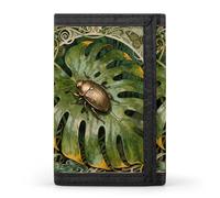 RLDOBOFE Beetle Monstera Leaf Trifold Wallet Minimalist Mens Wallet with Key Hook 8 Card Slots Modern Stylish Polyester Security Wallets Fashion Slim Credit Card Holder Id Window