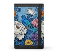 RLDOBOFE Bird And Flowers Trifold Wallet Minimalist Mens Wallet with Key Hook 8 Card Slots Modern Stylish Polyester Security Wallets Fashion Slim Credit Card Holder Id Window