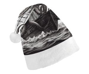 RLDOBOFE Black And White Octopus And Ship Christmas Hat Classic Santa Claus Hat with Plush Trim for New Year Xmas Party Supply