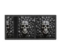 RLDOBOFE Black And White Skulls Trifold Wallet Minimalist Mens Wallet with Key Hook 8 Card Slots Modern Stylish Polyester Security Wallets Fashion Slim Credit Card Holder Id Window