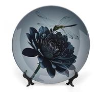 RLDOBOFE Black Flowers And Dragonfly Decorative Plate Ceramic Display Plate with Stand Salad Plates Colorful Porcelain Dinner Dishes Dessert Appetizer Dishes for Kitchen Party Table Decor 8inch