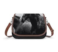 RLDOBOFE Black White Horses Crossbody Bags for Women Vegan Leather Handbags with Adjustable Strap Trendy Medium Shoulder Bag Lightweight Travel Saddle Bag Little Purse Wallet