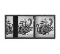 RLDOBOFE Black White Octopus And Ship Trifold Wallet Minimalist Mens Wallet with Key Hook 8 Card Slots Modern Stylish Polyester Security Wallets Fashion Slim Credit Card Holder Id Window