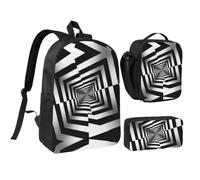 RLDOBOFE Black White Square Spiral Backpack Set 3 PCS - 17 Inch Laptop Backpack with Lunch Bag, Waterproof Daypack Insulated Lunch Box Large Capacity Coin Pouch Personalized Gift