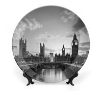 RLDOBOFE Black White Tall Building Decorative Plate Ceramic Display Plate with Stand Salad Plates Colorful Porcelain Dinner Dishes Dessert Appetizer Dishes for Kitchen Party Table Decor 8inch