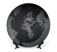 RLDOBOFE Black World Map Decorative Plate Ceramic Display Plate with Stand Salad Plates Colorful Porcelain Dinner Dishes Dessert Appetizer Dishes for Kitchen Party Table Decor 7inch