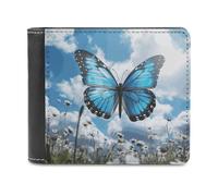 RLDOBOFE Blue Butterfly And Clouds Wallet Passcase for Men, Extra Capacity Bifold Leather Wallets with ID Windows, Slim Stylish Wallet for Gift, Blocking Money Clip for Cards, Coin Pouch