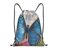 RLDOBOFE Blue Butterfly Drawstring Backpack Sports Gym Sackpack Waterproof Swim Bag Men Women Draw String Bag, Black, S