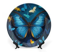 RLDOBOFE Blue Butterfly Pattern Decorative Plate Ceramic Display Plate with Stand Salad Plates Colorful Porcelain Dinner Dishes Dessert Appetizer Dishes for Kitchen Party Table Decor 7inch