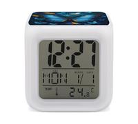 RLDOBOFE Blue Butterfly Pattern Digital Alarm Clock with 7 Color Changing Wake Up Night Light with LED Temperature Date Display Battery Operated Gifts Room Decor for Home Bedroom