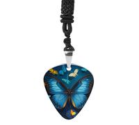RLDOBOFE Blue Butterfly Pattern Guitar Pick Necklace Stainless Steel Guitar Pendant Necklace Hip Hop Punk Music Jewelry Customizable Gifts Accessory for Women Men Music Lovers
