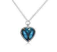 RLDOBOFE Blue Butterfly Pattern Urn Necklace Heart Cremation Jewelry for Ashes Memorial Keepsake Jewelry with Funnel Filler Urn Locket for Women Men to Hold Ashes of Pet Loved Ones