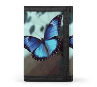 RLDOBOFE Blue Butterfly Trifold Wallet Minimalist Mens Wallet with Key Hook 8 Card Slots Modern Stylish Polyester Security Wallets Fashion Slim Credit Card Holder Id Window