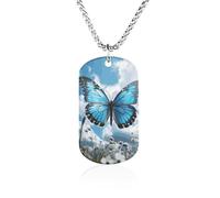 RLDOBOFE - Blue Cloud Butterfly Dog Tag Pendant and Personalized Military Tag Pendant with Box Chain Memorial Photo Jewelry Gift for Men Women and
