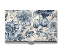 RLDOBOFE Blue Flower Pattern Business Card Holder, Slim Aluminum Alloy Card Case, Pocket Name Card Organizer Holder Wallet for Woman, Man, Pocket Or Bag Storage, Office Workers