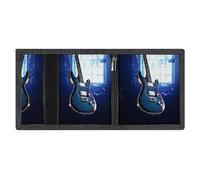 RLDOBOFE Blue Guitar Trifold Wallet Minimalist Mens Wallet with Key Hook 8 Card Slots Modern Stylish Polyester Security Wallets Fashion Slim Credit Card Holder Id Window