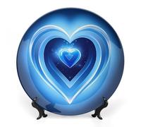 RLDOBOFE Blue Heart Decorative Plate Ceramic Display Plate with Stand Salad Plates Colorful Porcelain Dinner Dishes Dessert Appetizer Dishes for Kitchen Party Table Decor 7inch